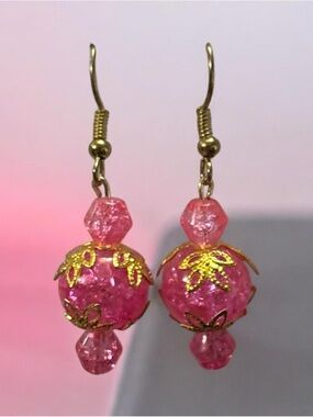 Handmade Pink  Bead Drop Earrings with Gold Accents